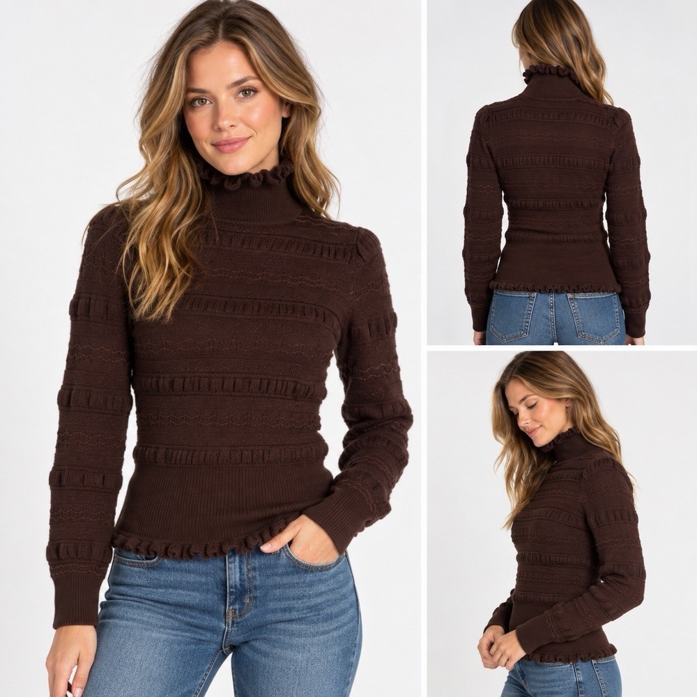 Marie Oliver Women's XS Wool Silk Blend Ruffle Turtleneck Knit Sweater Brown